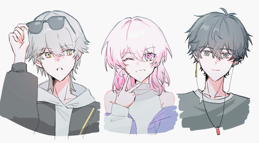 1girl, 2boys, 32c1ff, adjusting_eyewear, bare_shoulders, black_hair, black_jacket, black_shirt