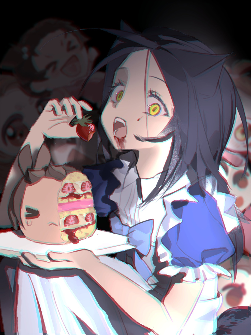>_<, 2girls, absurdres, black_hair, brown_hair, cake, child, commentary_request