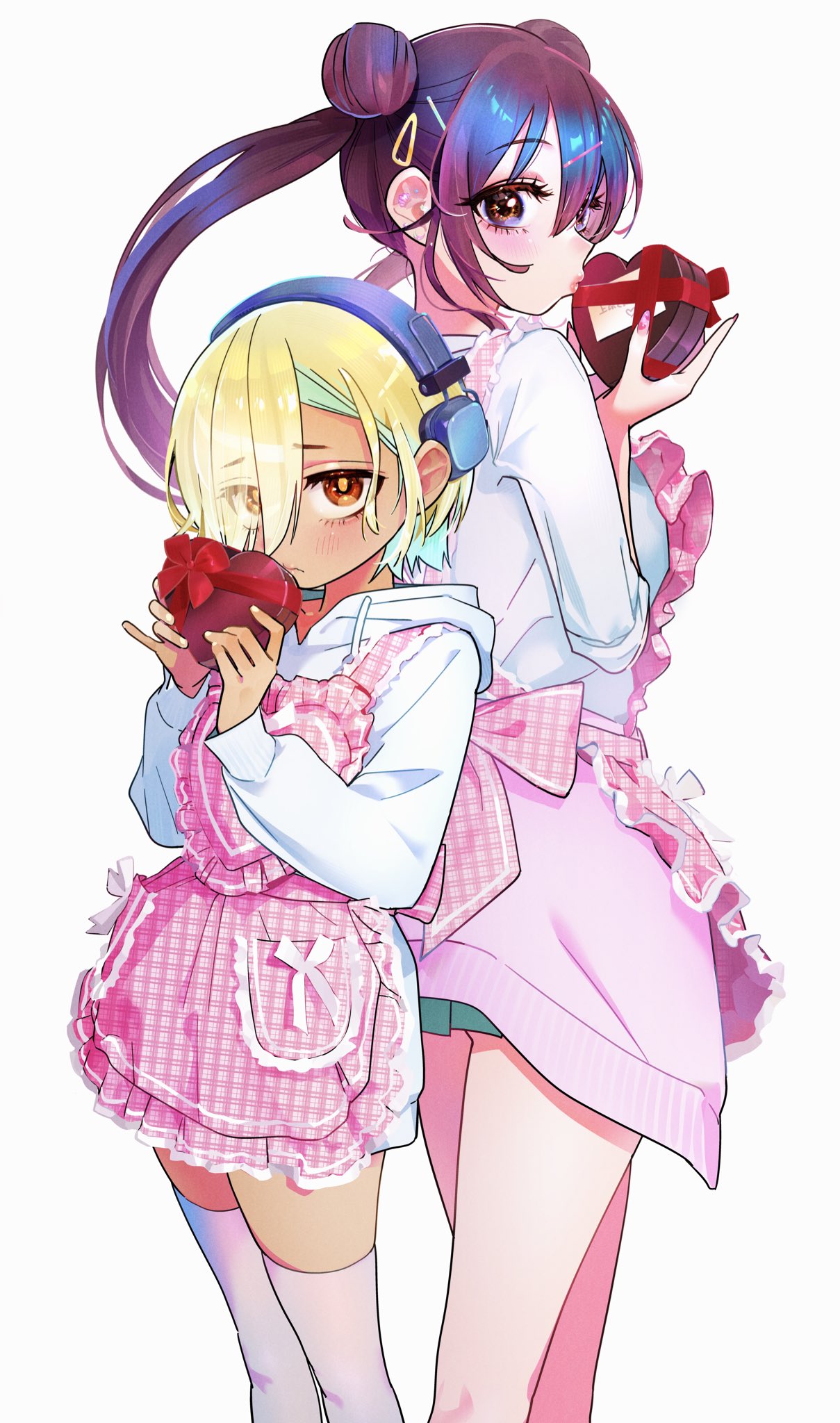 2girls, apron, blonde_hair, brown_eyes, brown_hair, candy, chocolate, commentary_request