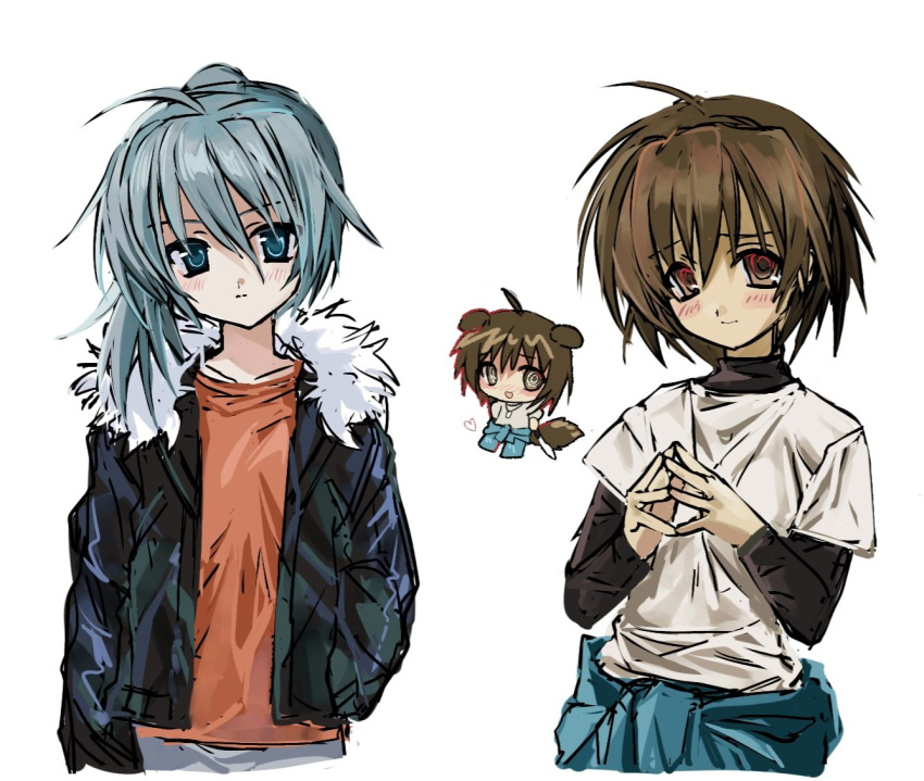 2000s_(style), @_@, akira_(togainu_no_chi), blue_eyes, brown_hair, chibi, commentary, fur-trimmed_hood, fur-trimmed_jacket, fur_trim, genderswap, genderswap_(mtf), grey_hair, hair_between_eyes, hood, jacket, joral_(jar_of_desire), keisuke_(togainu_no_chi), long_hair, long_sleeves, orange_shirt, red_eyes, shirt, short_hair, smile, t-shirt, togainu_no_chi, untranslatable_commentary, upper_body