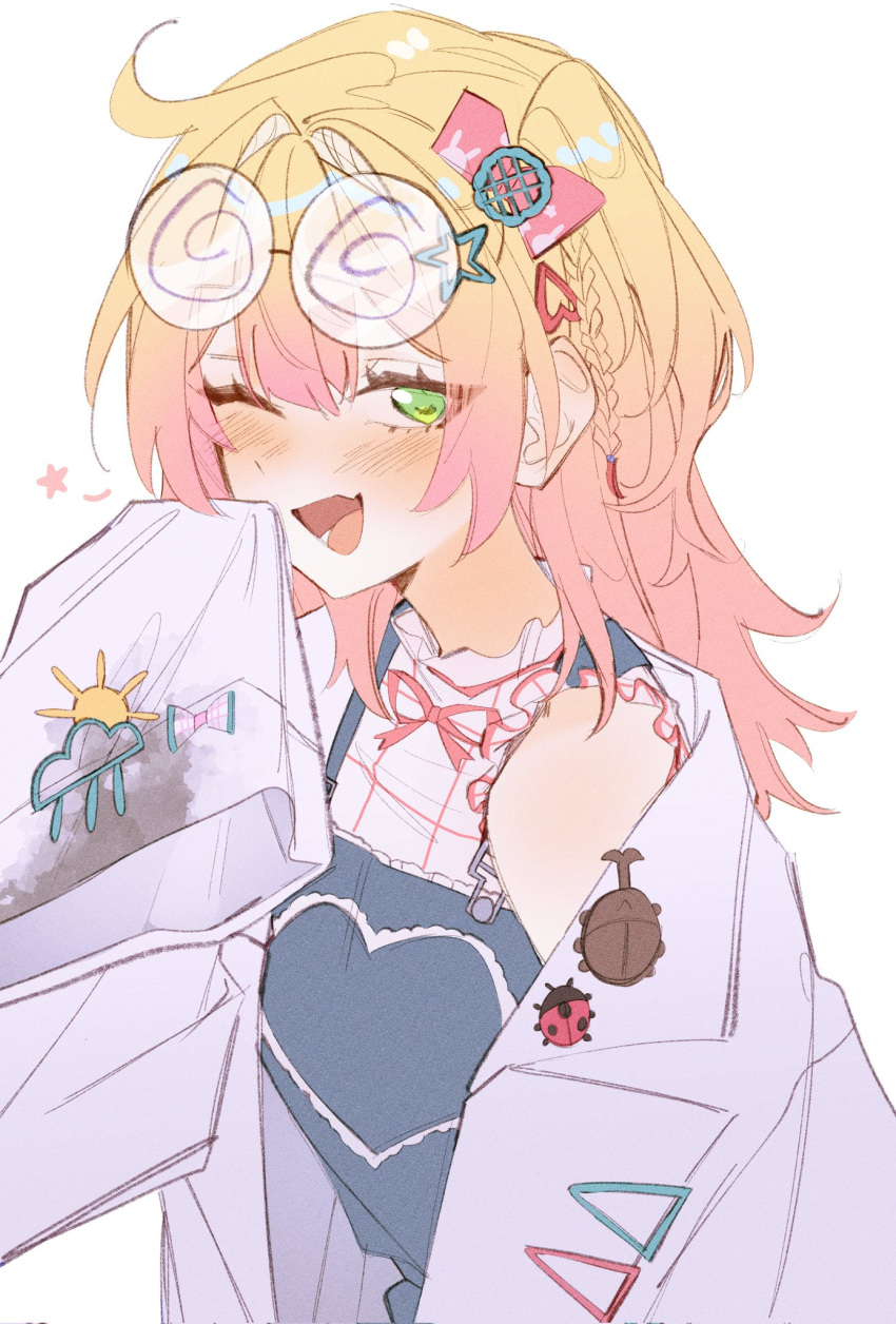 1girl, blonde_hair, blush, braid, bug, coat, coke-bottle_glasses, commentary