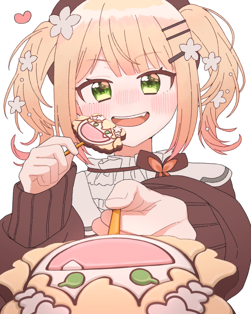 1girl, absurdres, beret, blonde_hair, blunt_bangs, blush, brown_cardigan, cardigan