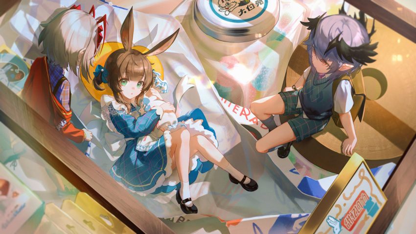 1boy, 2girls, age_regression, aged_down, amiya_(arknights), animal_ears, apron, arknights