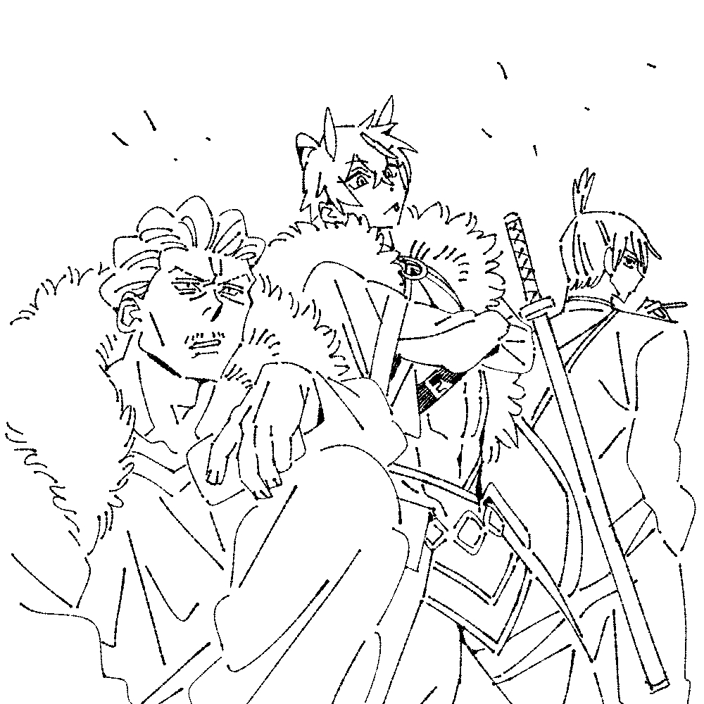 3boys, chainsaw_man, cho_kaguya-hime!, cigarette, commentary_request, face_piercing, facial_hair, formal_clothes