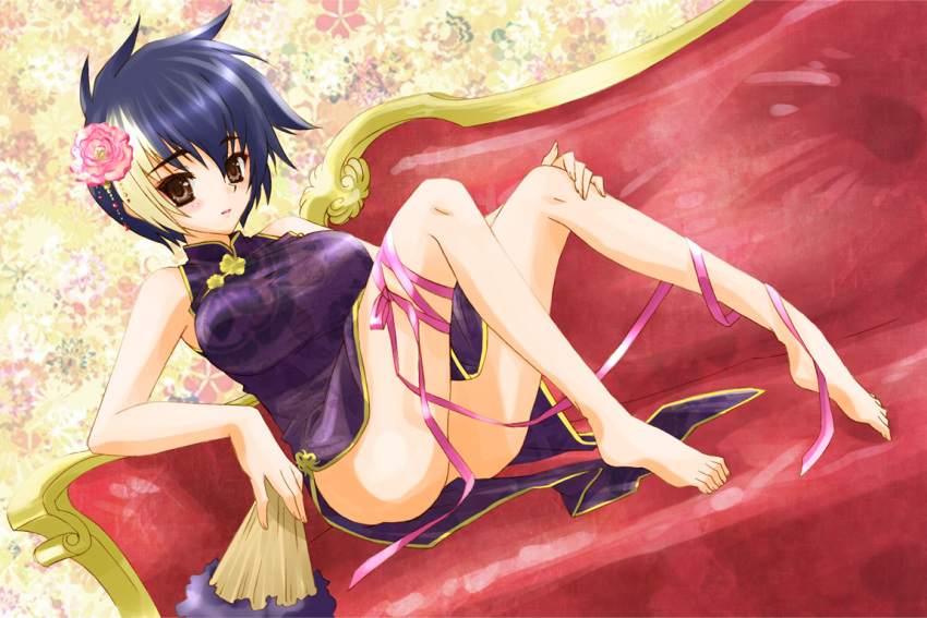 bare_legs, blue_hair, breasts, brown_eyes, chair, china_dress, chinese_clothes, couch