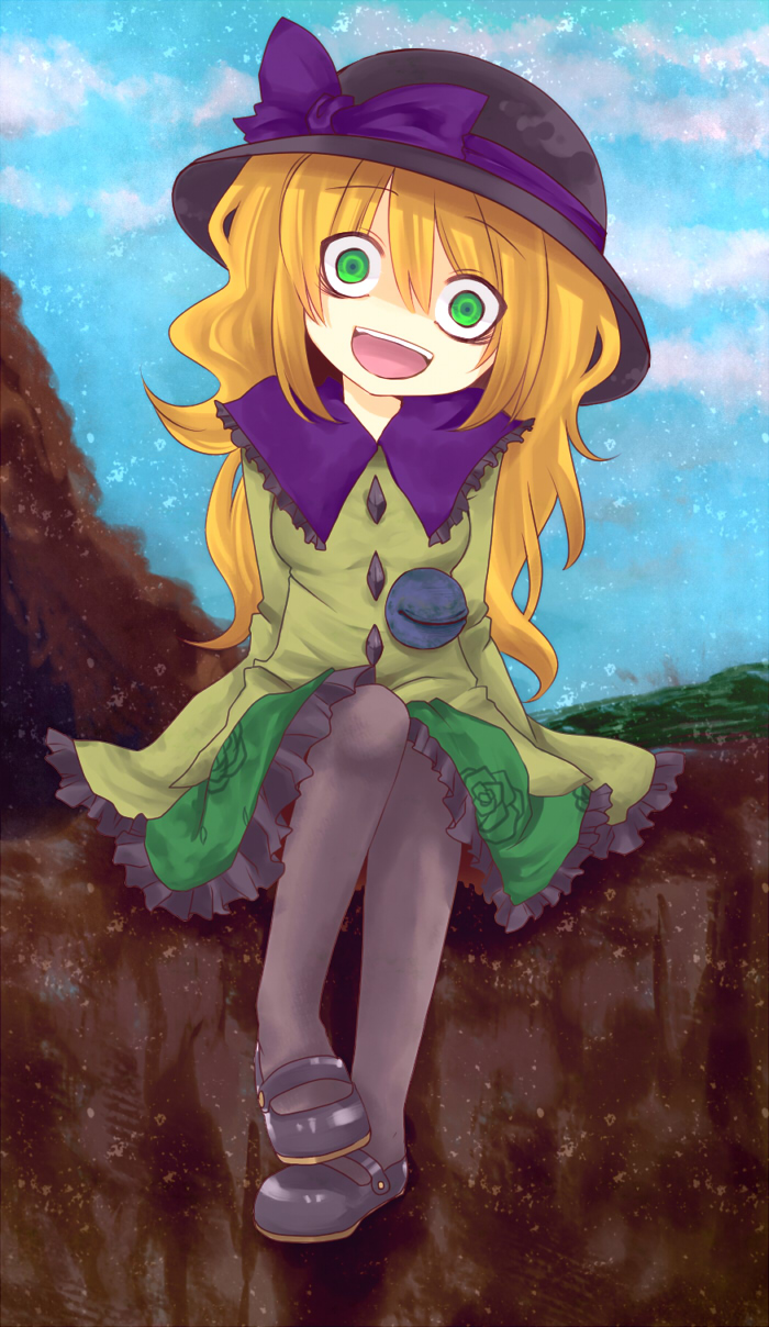 blonde_hair, brown_legwear, crazy_eyes, eyeball, fusion, green_eyes, hat, highres, koishi_adventure, komeiji_koishi, mary_janes, no_nose, open_mouth, pantyhose, shoes, sitting, skirt, solo, spoilers, third_eye, tmk, touhou, yakumo_yukari