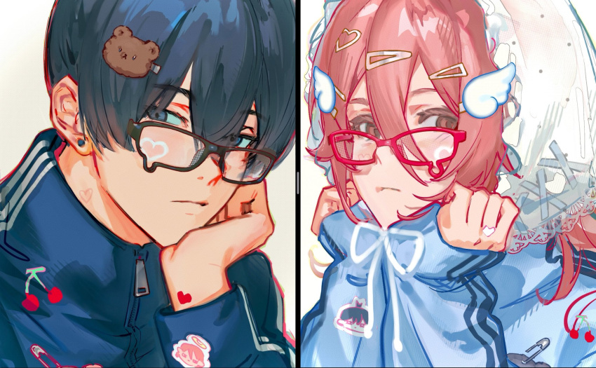 2boys, angel_devil_(chainsaw_man), bear_hair_ornament, black_hair, blue_jacket, bonnet, chainsaw_man, character_patch, cherry, commentary, earrings, food, fruit, glasses, hair_between_eyes, hair_ornament, hand_on_own_chin, hands_on_own_chin, hayakawa_aki, head_rest, heart_on_cheek, highres, jacket, jewelry, long_hair_between_eyes, looking_at_viewer, male_focus, multiple_boys, portrait, red-framed_eyewear, red_eyes, red_hair, stud_earrings, teardrop-framed_glasses, too_many_hair_ornaments, untranslatable_commentary, white_background, wing_hair_ornament, yuuyuyuraru, zipper_pull_tab