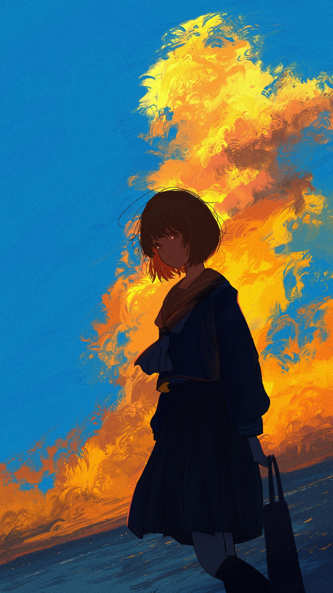 1girl, bag, banakotakemaru, black_sailor_collar, black_serafuku, black_skirt, blue_sky, brown_eyes