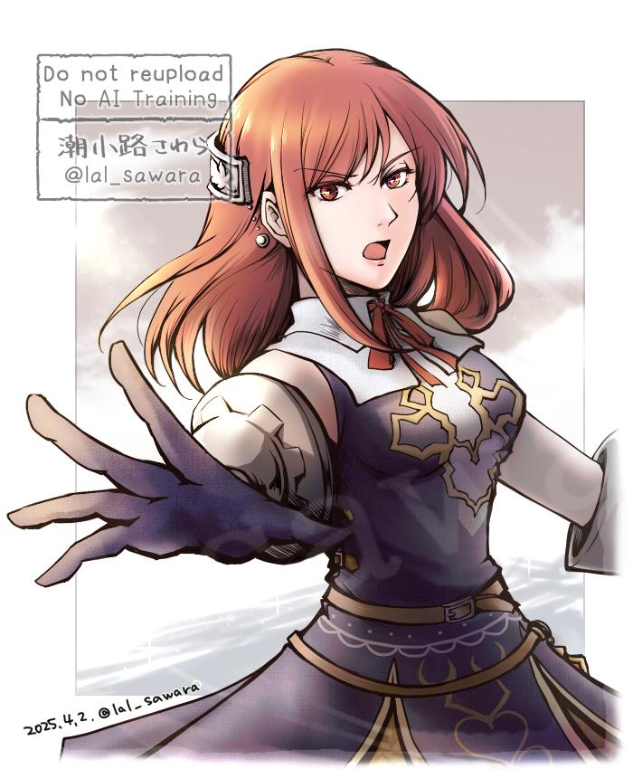 1girl, commentary_request, dated, dress, elbow_gloves, gloves, long_hair, looking_at_viewer, open_mouth, primiera_(saga), red_eyes, red_hair, saga, saga_frontier_2, sawara0117, solo, watermark