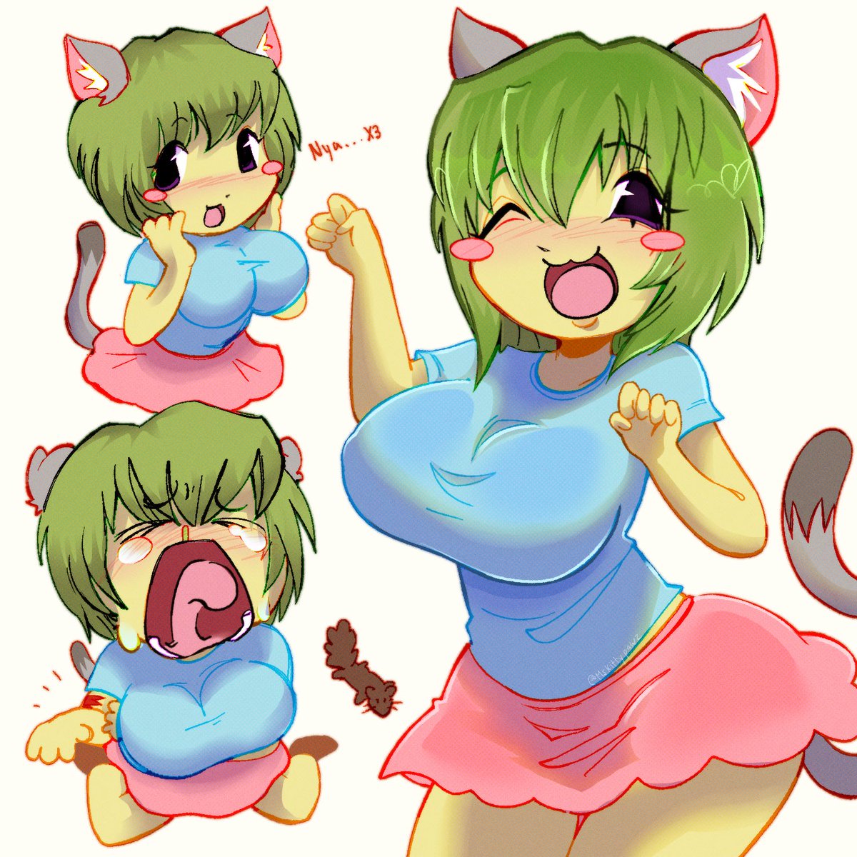 1girl, animal_ears, bite_mark, black_eyes, blush, breasts, cat_ears, cat_girl