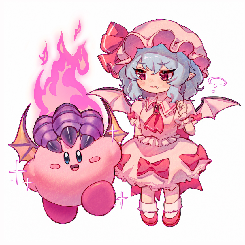 1girl, ?, absurdres, bat_wings, blush, brooch, chibi, commentary_request