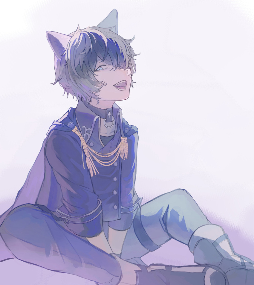 1boy, animal_ears, black_hair, blue_eyes, cape, commentary_request, hair_over_one_eye, highres, kamurosaki_(rune_factory), kanmi_nmnm, open_mouth, pants, rune_factory, rune_factory:_guardians_of_azuma, wolf_boy, wolf_ears