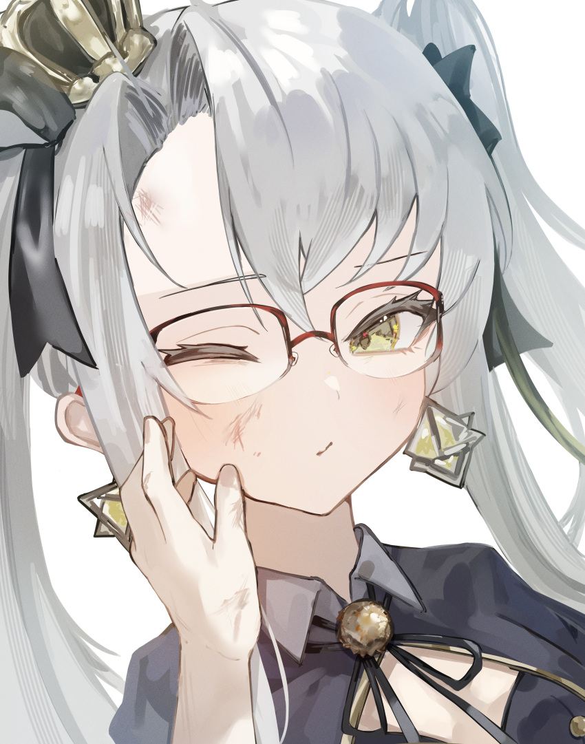 2girls, absurdres, black_ribbon, commentary_request, crown, earrings, glasses, goddess_of_victory:_nikke