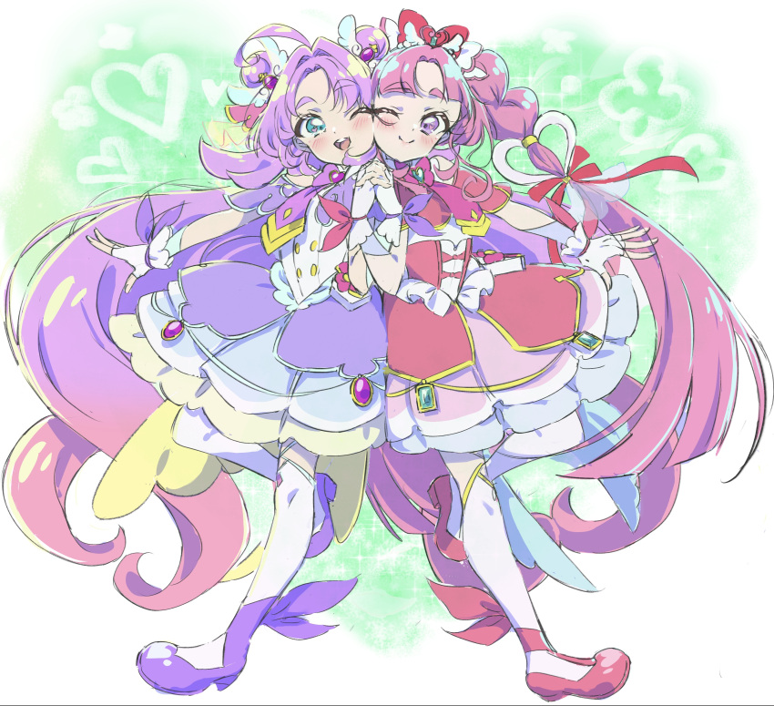 2girls, ;), ;d, absurdres, akechi_anna, blue_eyes, bow, bowtie