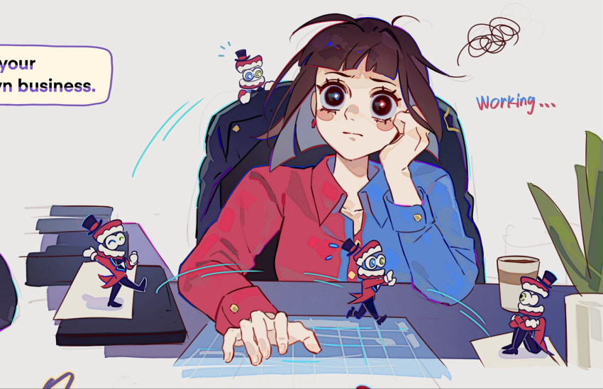 1boy, 1girl, alternate_costume, black_eyes, blue_eyes, blue_pupils, blue_shirt, brown_hair