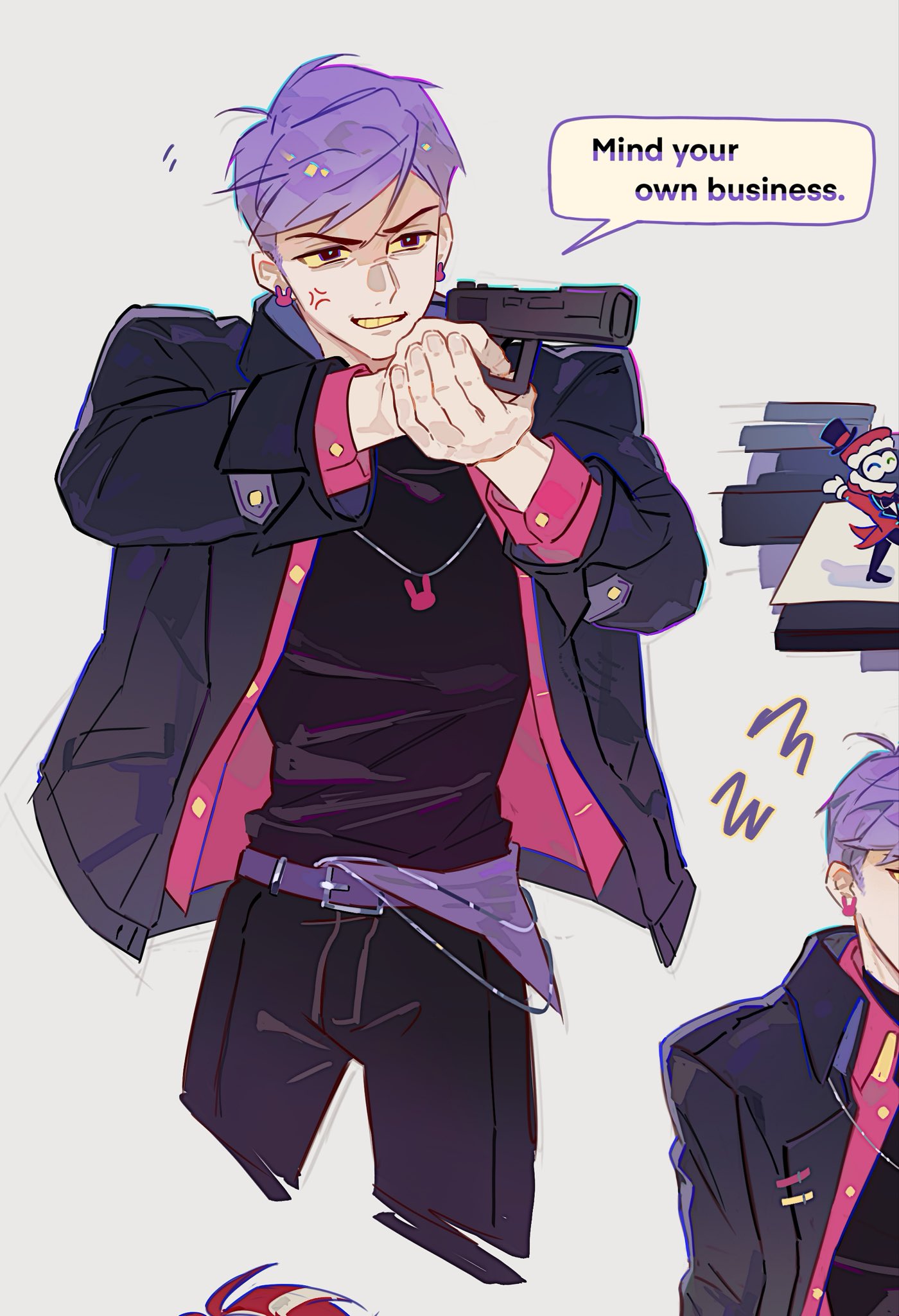 2boys, aiming, alternate_costume, anger_vein, belt, black_coat, black_pants, black_shirt, caine_(the_amazing_digital_circus), clenched_teeth, coat, colored_teeth, cropped, earrings, english_text, eye_in_mouth, feet_out_of_frame, grey_background, gun, hat, highres, holding, holding_gun, holding_weapon, humanization, jax_(the_amazing_digital_circus), jewelry, long_sleeves, mini_person, miniboy, multiple_boys, multiple_views, narrow_waist, open_mouth, pants, parted_lips, pink_suit, purple_belt, purple_hair, rabbit_earrings, rabbit_necklace, red_tailcoat, shirt, short_hair, simple_background, solo_focus, speech_bubble, suit, talking, teeth, the_amazing_digital_circus, top_hat, weapon, xiaowu_nora, yellow_eyes, yellow_teeth