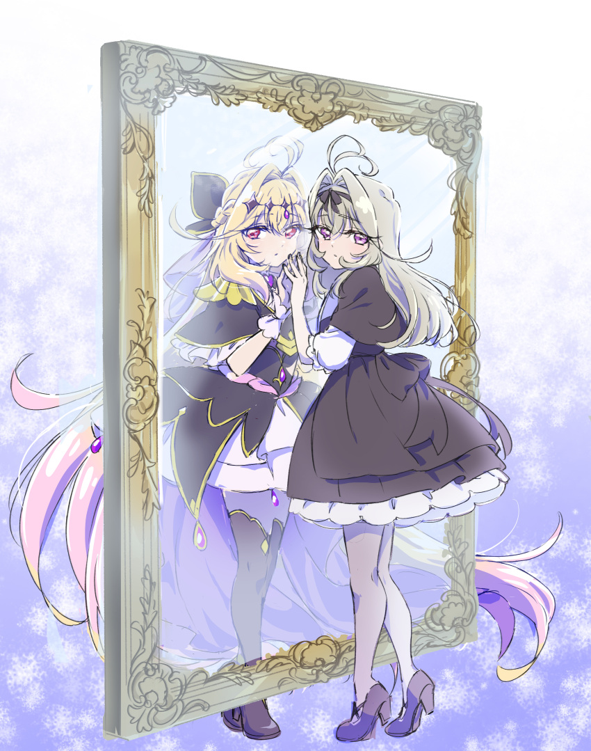 2girls, absurdres, against_mirror, antenna_hair, back_bow, black_bow, black_bowtie, black_capelet