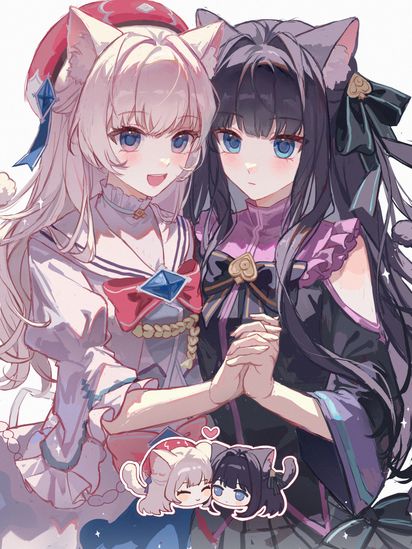 2girls, absurdres, animal_ear_fluff, animal_ears, arcaea, black_bow, black_bowtie, black_dress