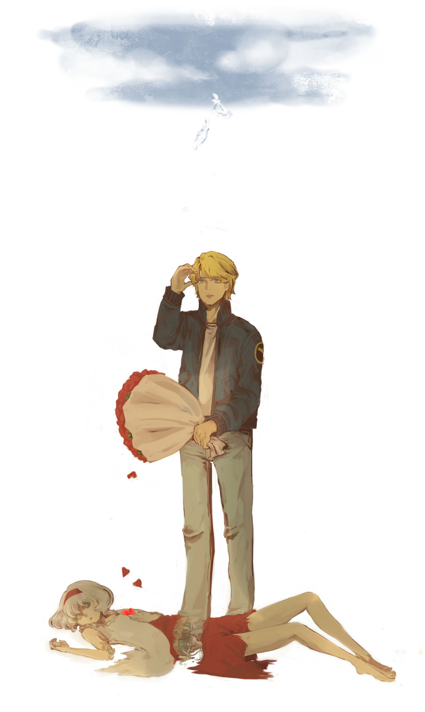 bare_shoulders, barefoot, blonde_hair, blue_eyes, blue_jacket, bob_cut, bomber_jacket, bouquet, cis_(tiger_&amp;_bunny), dextral, dress, flower, hairband, highres, jacket, keith_goodman, lying, petals, short_hair, spoilers, tiger_&amp;_bunny, white_hair