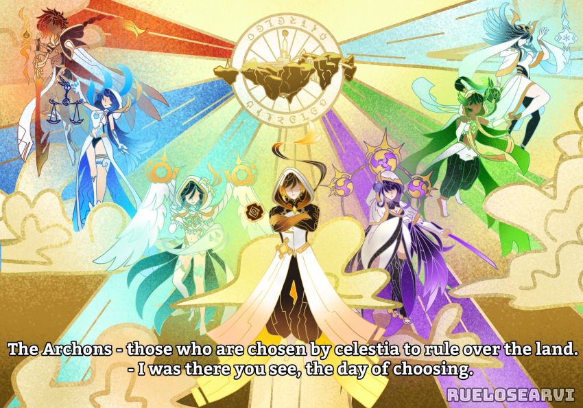 3boys, 4girls, abstract_background, alternate_costume, alternate_universe, blue_hair, blunt_bangs, brown_hair, crop_top, dark-skinned_female, dark-skinned_male, dark_skin, dress, egeria_(genshin_impact), electro_symbol_(genshin_impact), english_commentary, english_text, erbiarts, faceless, faceless_female, faceless_male, floating, from_side, full_body, genderswap, genderswap_(ftm), genderswap_(mtf), genshin_impact, gradient_hair, green_hair, hair_between_eyes, hair_ornament, headphones, highres, holding, holding_sword, holding_weapon, hood, hood_up, katana, mausau_(genshin_impact), mitsudomoe_(shape), multicolored_hair, multiple_boys, multiple_girls, musou_isshin_(genshin_impact), nahida_(genshin_impact), outdoors, purple_hair, raiden_shogun, red_hair, robe, short_shorts, shorts, sword, tomoe_(symbol), tsaritsa_(genshin_impact), venti_(genshin_impact), very_dark_skin, weapon, yellow_background, zhongli_(genshin_impact)