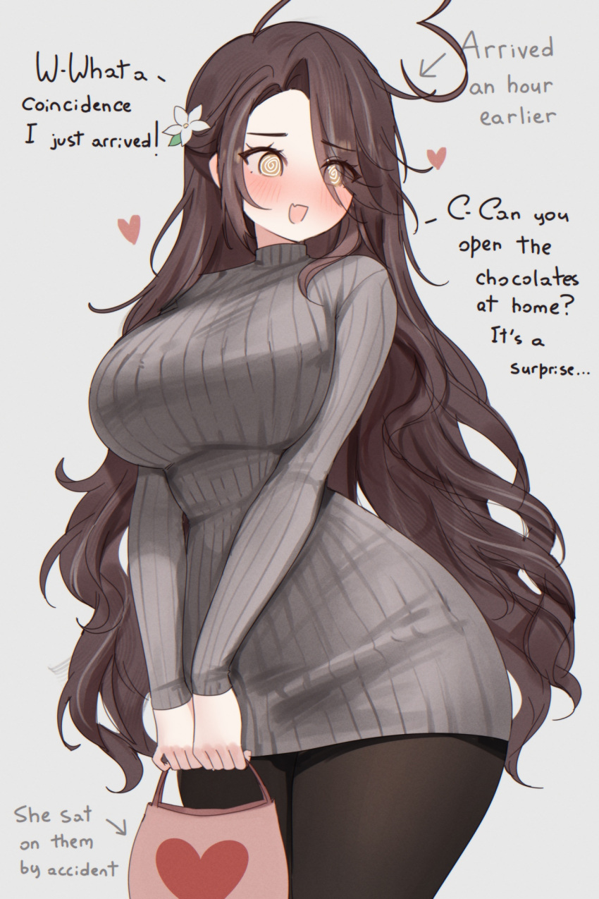 @_@, ahoge, bag, blush, breasts, brown_eyes, brown_hair, commentary
