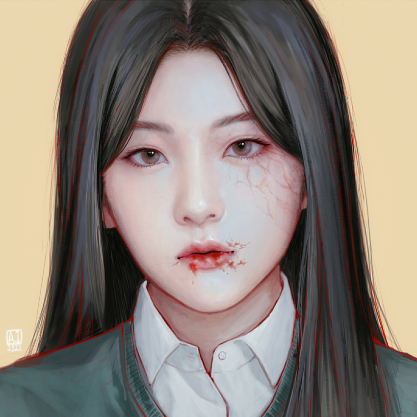 1girl, ai_shou, all_of_us_are_dead, black_hair, blood, blood_on_face, brown_background, brown_eyes, choi_nam-ra, closed_mouth, collared_shirt, commentary_request, highres, hyosan_high_school_uniform, korean_commentary, looking_at_viewer, mixed-language_commentary, portrait, school_uniform, shirt, simple_background, solo, veins, zombification