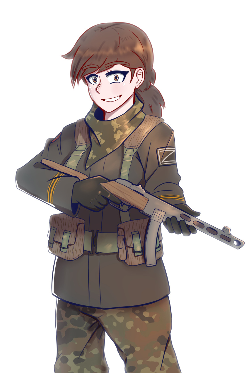 1girl, absurdres, assault_rifle, brown_hair, camouflage, camouflage_pants, crazy_eyes, crazy_smile, fluffkaiser, gloria_sharp, gun, highres, holding, holding_gun, holding_weapon, load_bearing_vest, military, military_uniform, original, pants, ppsh-41, rifle, russo-ukrainian_war, simple_background, smile, solo, submachine_gun, weapon, z_(russian_symbol)