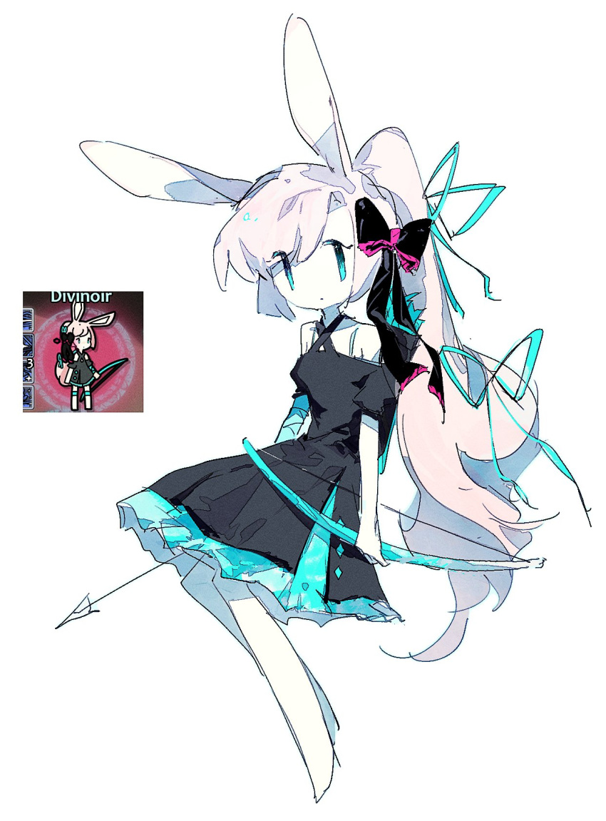 1girl, animal_ears, arm_ribbon, arrow_(projectile), barefoot, black_bow, black_dress, blonde_hair