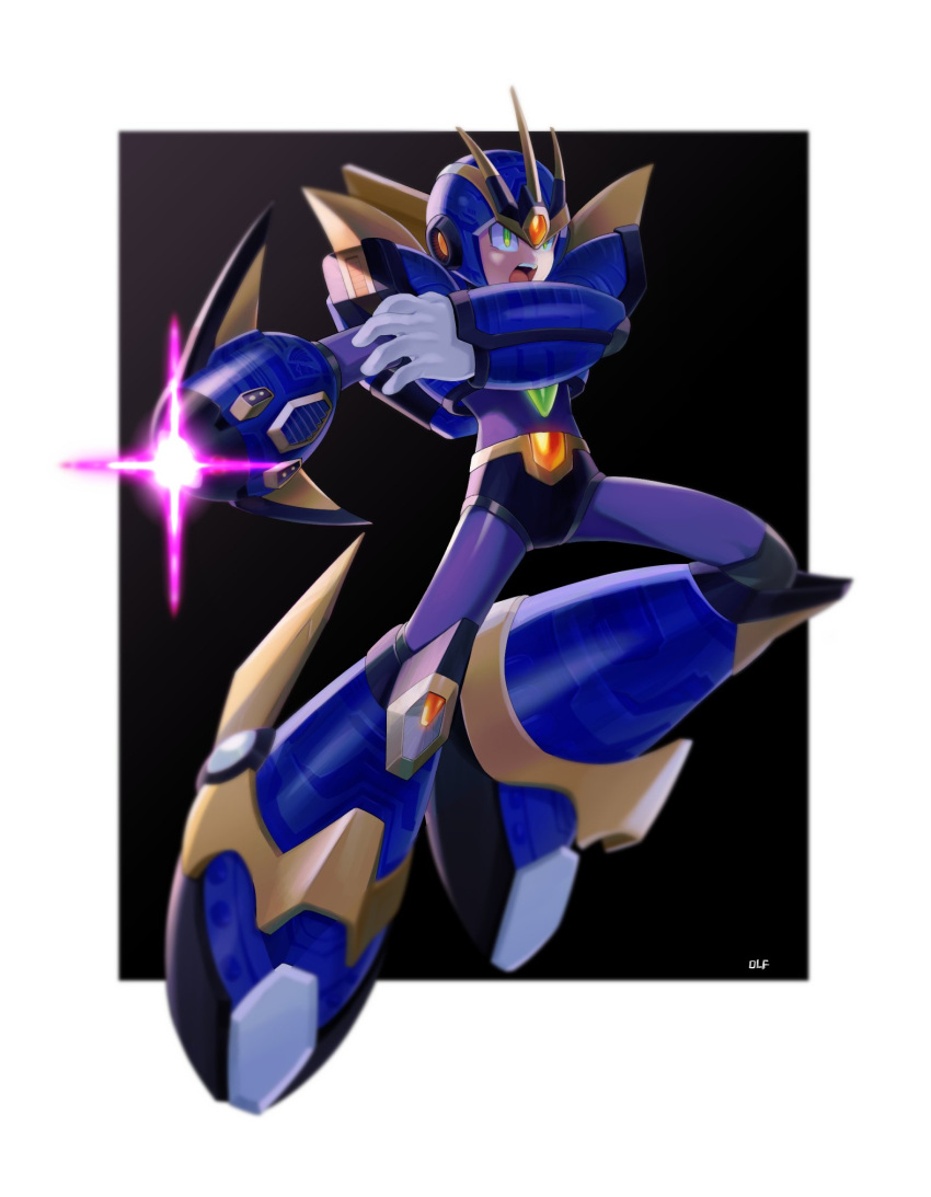 1boy, arm_cannon, armor, black_background, blue_armor, blue_helmet, border, commentary_request