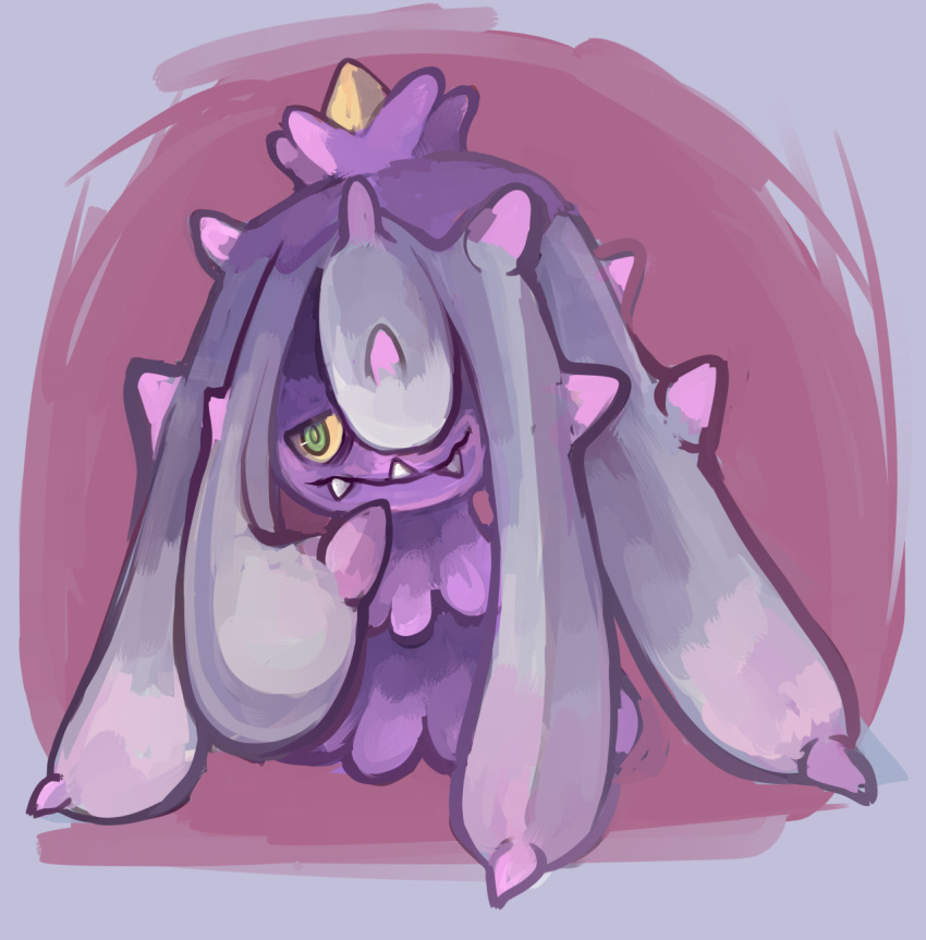 colored_sclera, fangs, green_eyes, grey_background, highres, looking_at_viewer, lunie, mareanie