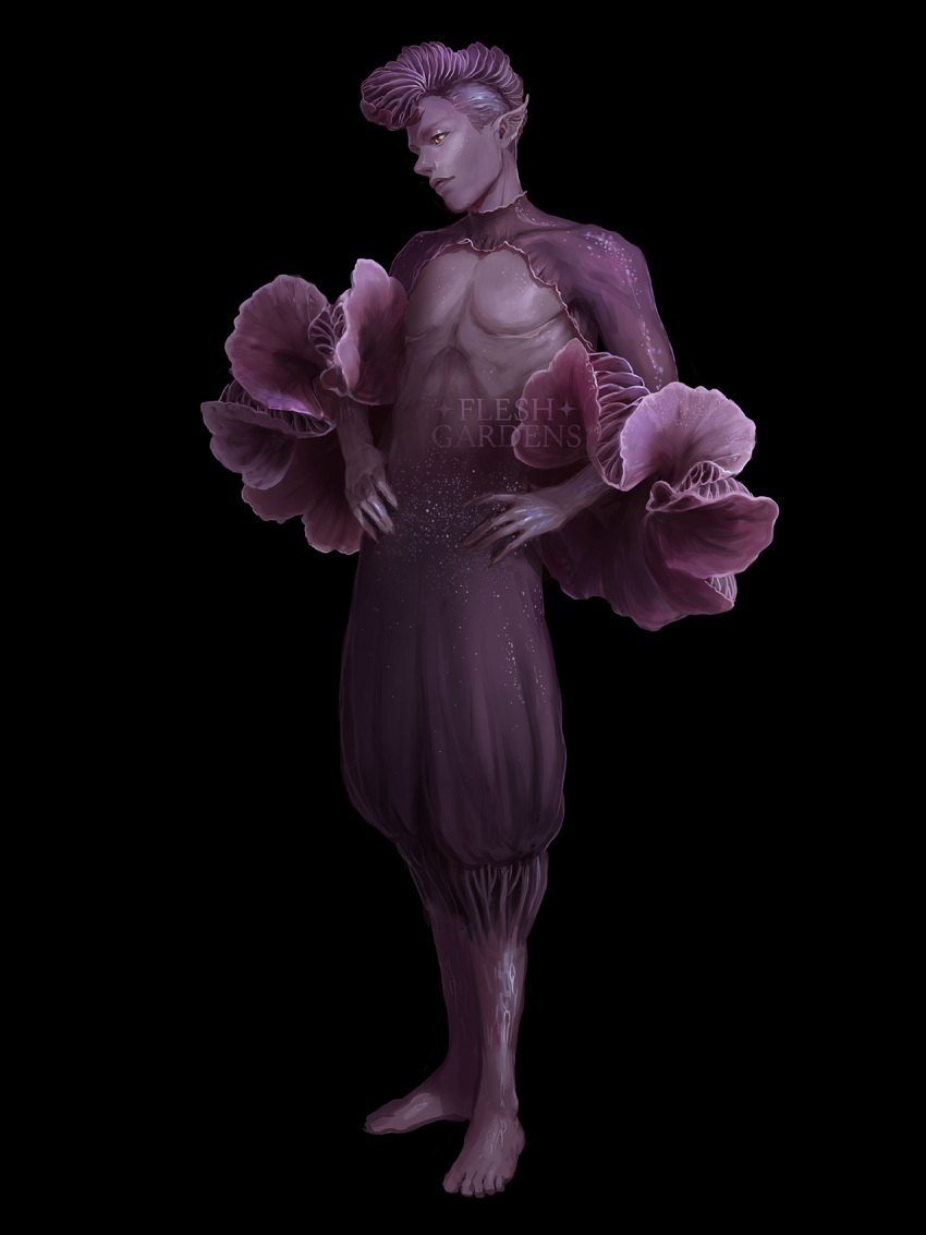 1boy, bare_pectorals, barefoot, black_background, cropped_jacket, fleshgardens, full_body, fungi