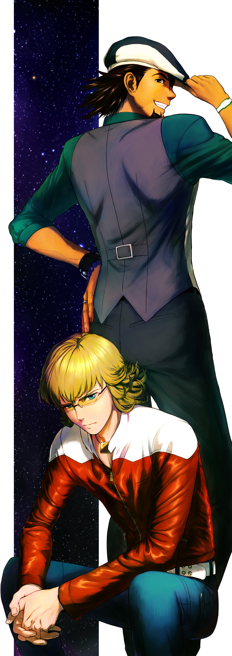 absurdres, aqua_eyes, barnaby_brooks_jr, belt, blonde_hair, blue_eyes, bracelet, brown_eyes