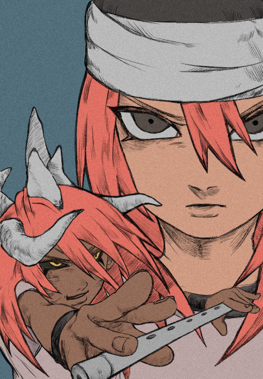 1girl, alternate_form, black_eyes, black_sclera, blue_background, colored_sclera, commentary_request, curse_seal
