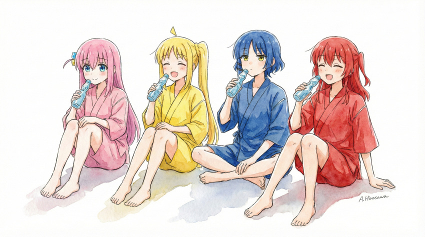 4girls, :d, ^_^, ahoge, aqua_eyes, arm_at_side, arm_support, barefoot