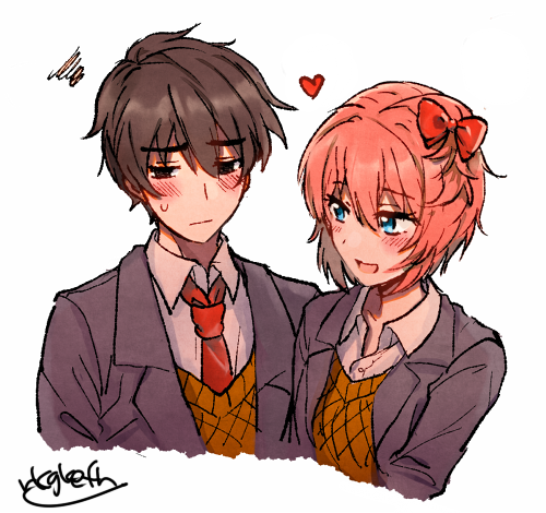 black_eyes, blue_eyes, blush, bow, brown_hair, brown_suit, closed_mouth, doki_doki_literature_club