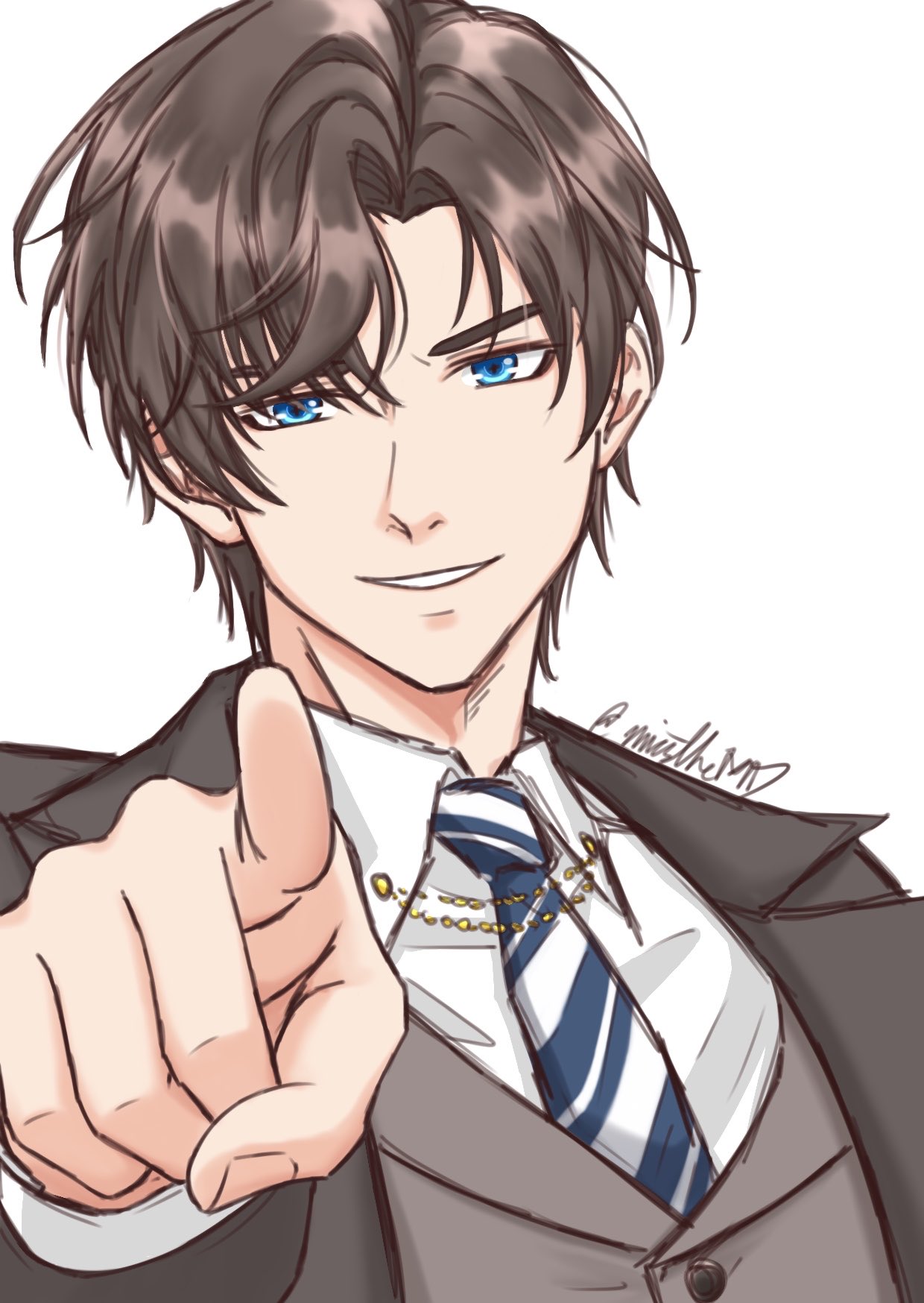 1boy, artem_wing_(tears_of_themis), blue_eyes, brown_hair, collared_shirt, commentary_request, diagonal-striped_clothes, diagonal-striped_necktie, eyebrows_hidden_by_hair, grey_jacket, grey_vest, hashtag-only_commentary, highres, jacket, long_sleeves, looking_at_viewer, male_focus, micsthemd, necktie, open_clothes, open_jacket, pointing, pointing_at_viewer, shirt, signature, simple_background, smile, solo, striped_clothes, tears_of_themis, thick_eyebrows, upper_body, v-shaped_eyebrows, vest, white_background, white_shirt
