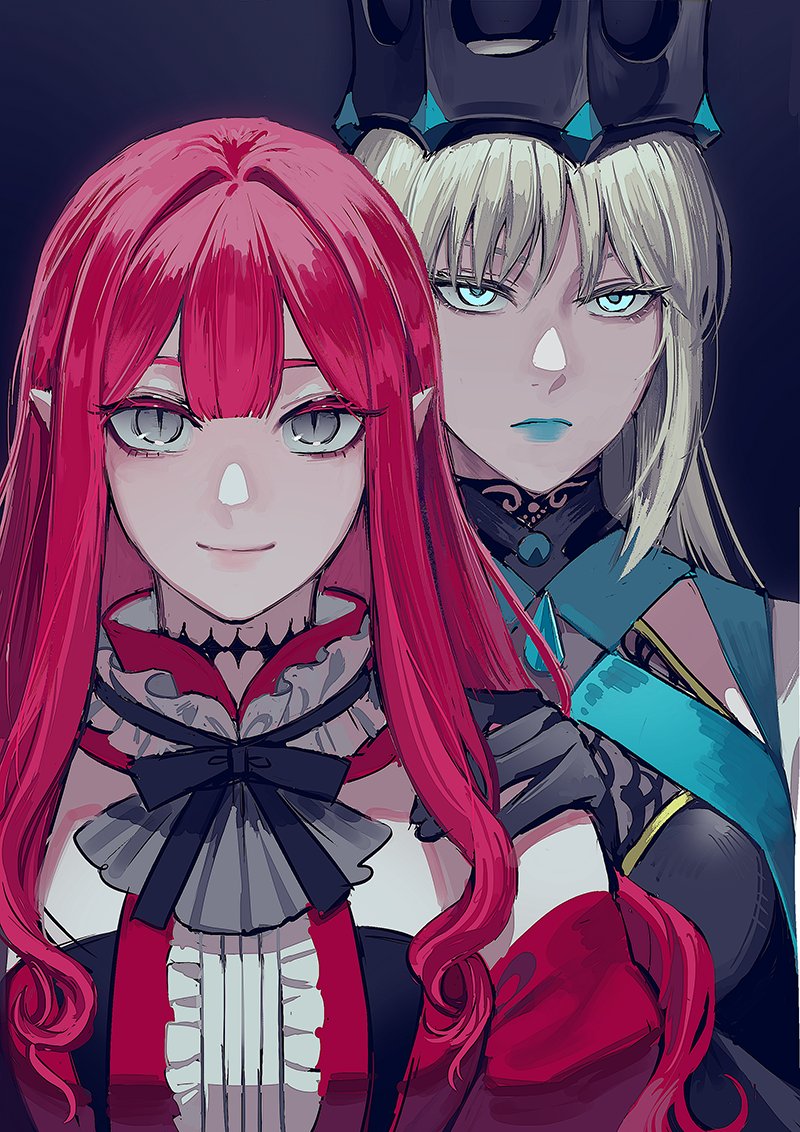 2girls, adoptive_parent_and_adoptive_child, ascot, baobhan_sith_(fate), baobhan_sith_(first_ascension)_(fate), black_background, black_crown, black_dress, black_gloves, black_ribbon, blue_eyes, blue_lips, center_frills, closed_mouth, commentary_request, crown, detached_collar, detached_sleeves, dress, fate/grand_order, fate_(series), frills, gjtthflmaster, gloves, gold_trim, grey_ascot, grey_eyes, grey_hair, hair_between_eyes, hand_on_another's_shoulder, korean_commentary, lipstick, long_hair, looking_ahead, looking_at_viewer, makeup, morgan_le_fay_(fate), morgan_le_fay_(queen_of_winter)_(fate), mother_and_daughter, multiple_girls, neck_ribbon, pointy_ears, red_dress, red_hair, ribbon, serious, simple_background, slit_pupils, smile, spikes, upper_body