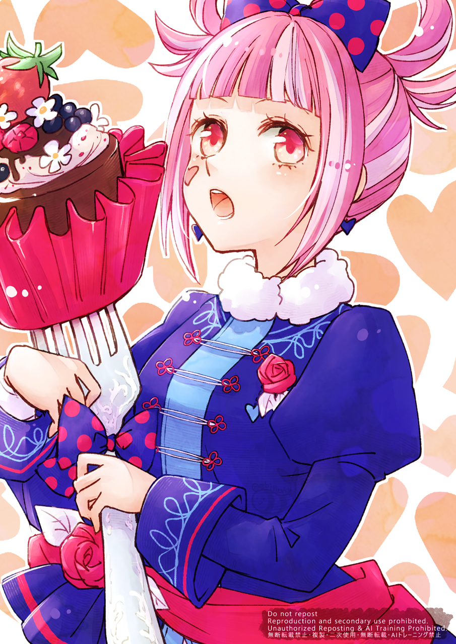 1girl, :o, blue_dress, blunt_bangs, bow, cake, commentary_request, dress, earrings, ebi_puri_(ebi-ebi), facial_mark, fire_emblem, fire_emblem_engage, fire_emblem_heroes, food, fork, giant_fork, hair_bow, hair_rings, heart, heart_background, heart_earrings, heart_facial_mark, highres, holding, holding_fork, hortensia_(cutesplosion)_(fire_emblem), hortensia_(fire_emblem), jewelry, juliet_sleeves, long_sleeves, looking_at_viewer, official_alternate_costume, pink_eyes, pink_hair, polka_dot, polka_dot_bow, puffy_sleeves, short_hair, solo, teeth, upper_body
