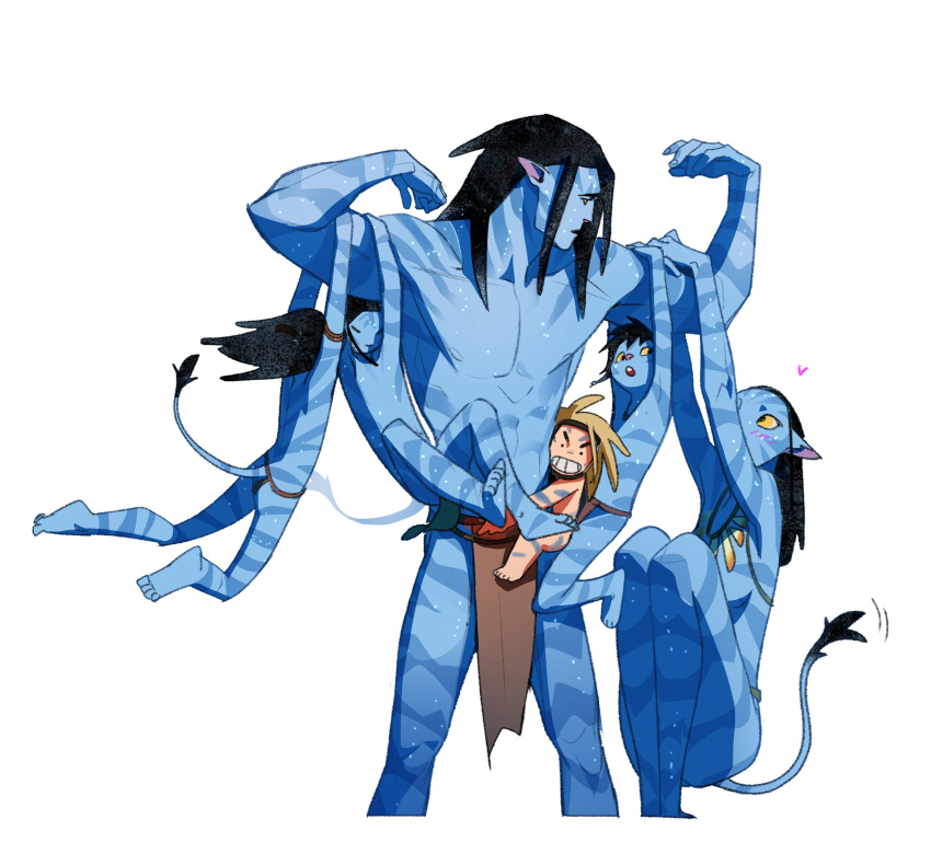 3boys, 3girls, abs, absurdres, alien, animal_ears, avatar:_the_way_of_water, black_hair, blue_skin, breasts, brown_hair, carrying, carrying_multiple_people, carrying_person, colored_skin, commentary_request, double_biceps_pose, dreadlocks, duak_(halcyon1751111), family, father_and_daughter, father_and_son, flexing, gas_mask, happy, height_difference, highres, husband_and_wife, jake_sully, james_cameron's_avatar, kiri_(avatar), korean_commentary, lo'ak, loincloth, mask, multiple_boys, multiple_girls, muscular, muscular_male, na'vi, neytiri, pectorals, pelvic_curtain, small_breasts, spider_(avatar), strong, tail, topless_female, topless_male, tuktirey