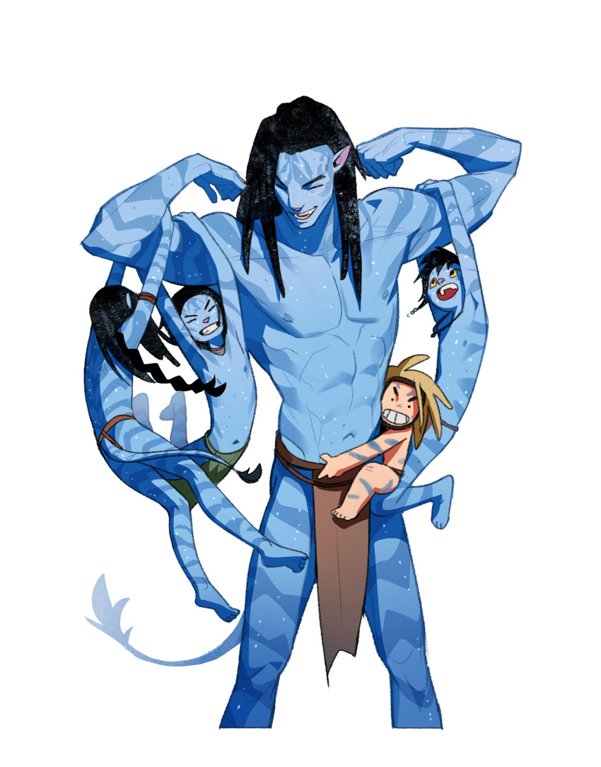 2girls, 3boys, abs, absurdres, alien, animal_ears, avatar:_the_way_of_water, black_hair