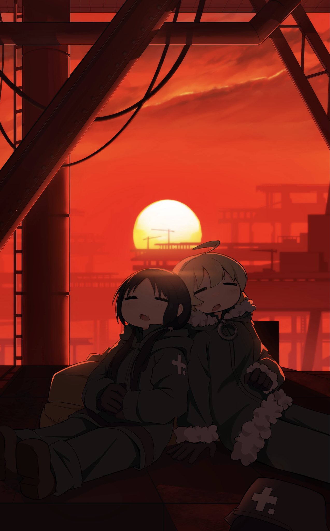 2girls, ahoge, black_gloves, blonde_hair, blush, chito_(shoujo_shuumatsu_ryokou), closed_eyes, closed_mouth