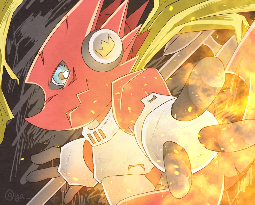 absurdres, blue_eyes, commentary_request, cowboy_shot, digimon, digimon_(creature), dragon, fire, highres, scarf, shoutmon_king_ver., solo, ya_yay, yellow_scarf