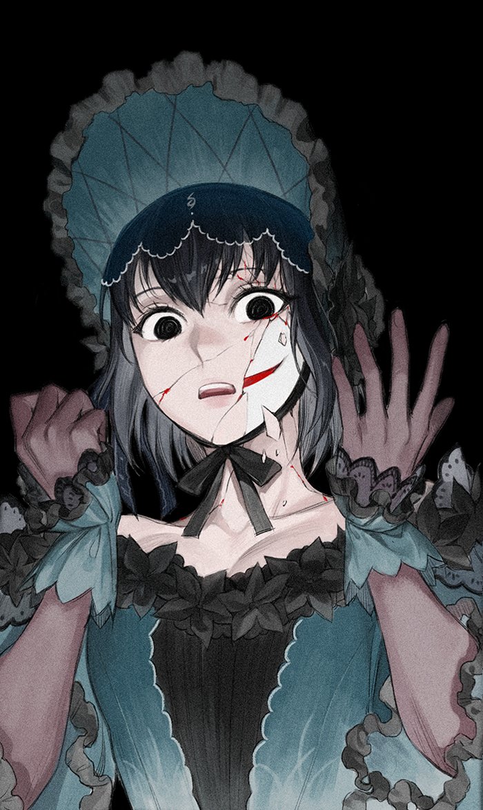 1girl, black_background, black_eyes, black_gloves, black_hair, bonnet, broken_mask, brown_gloves