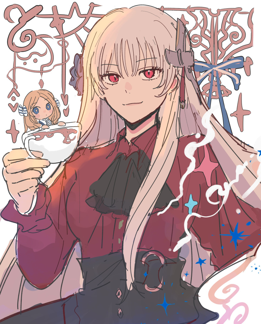 2girls, absurdres, ascot, black_ascot, black_skirt, blonde_hair, blue_eyes, chibi