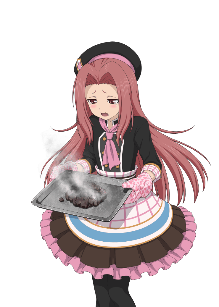 1girl, arietta_(tales), arietta_(valentine)_(tales), artist_request, black_hat, black_pantyhose, burnt_cookies, burnt_food, cowboy_shot, crying, dress, game_cg, hat, heart, long_hair, official_alternate_costume, official_art, open_mouth, oven_mitts, pantyhose, pink_eyes, pink_hair, pink_trim, solo, standing, tales_of_(series), tales_of_asteria, tales_of_the_abyss, tearing_up, third-party_source, transparent_background