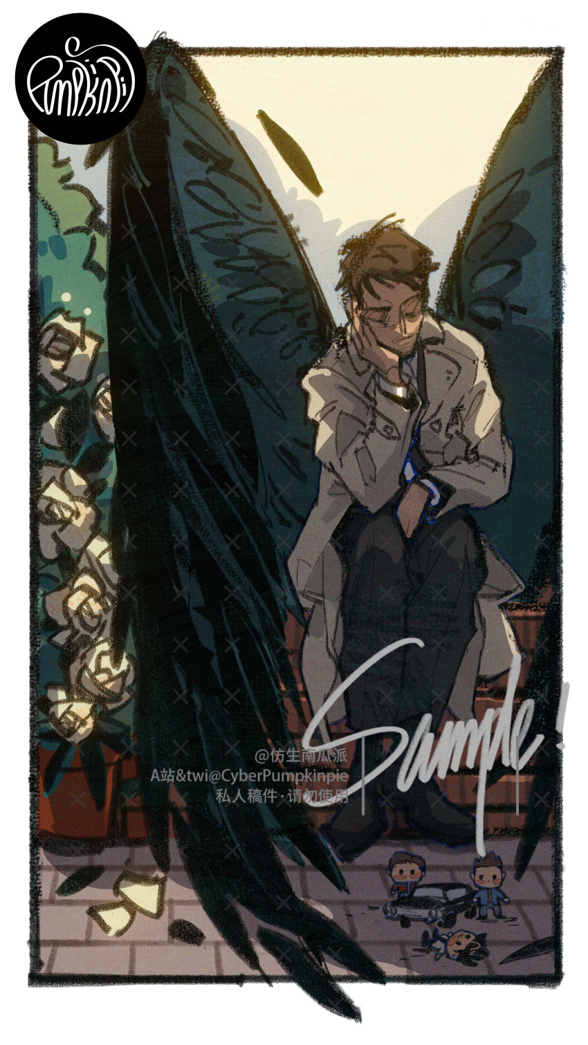 absurdres, angel, angel_wings, artist_name, black_pants, black_shoes, black_wings, border, brick_road, brick_wall, brown_hair, castiel, character_doll, chevrolet_impala, closed_eyes, coat, commentary_request, cyberpumpkinpie, dean_winchester, doll, falling_feathers, falling_petals, feathered_wings, feathers, flower, full_body, grey_coat, head_on_hand, highres, pants, petals, rose, sam_winchester, sample_watermark, shoes, short_hair, sitting, sitting_on_wall, supernatural_(tv_series), toy_car, trench_coat, twitter_username, watermark, white_border, white_flower, white_rose, wings