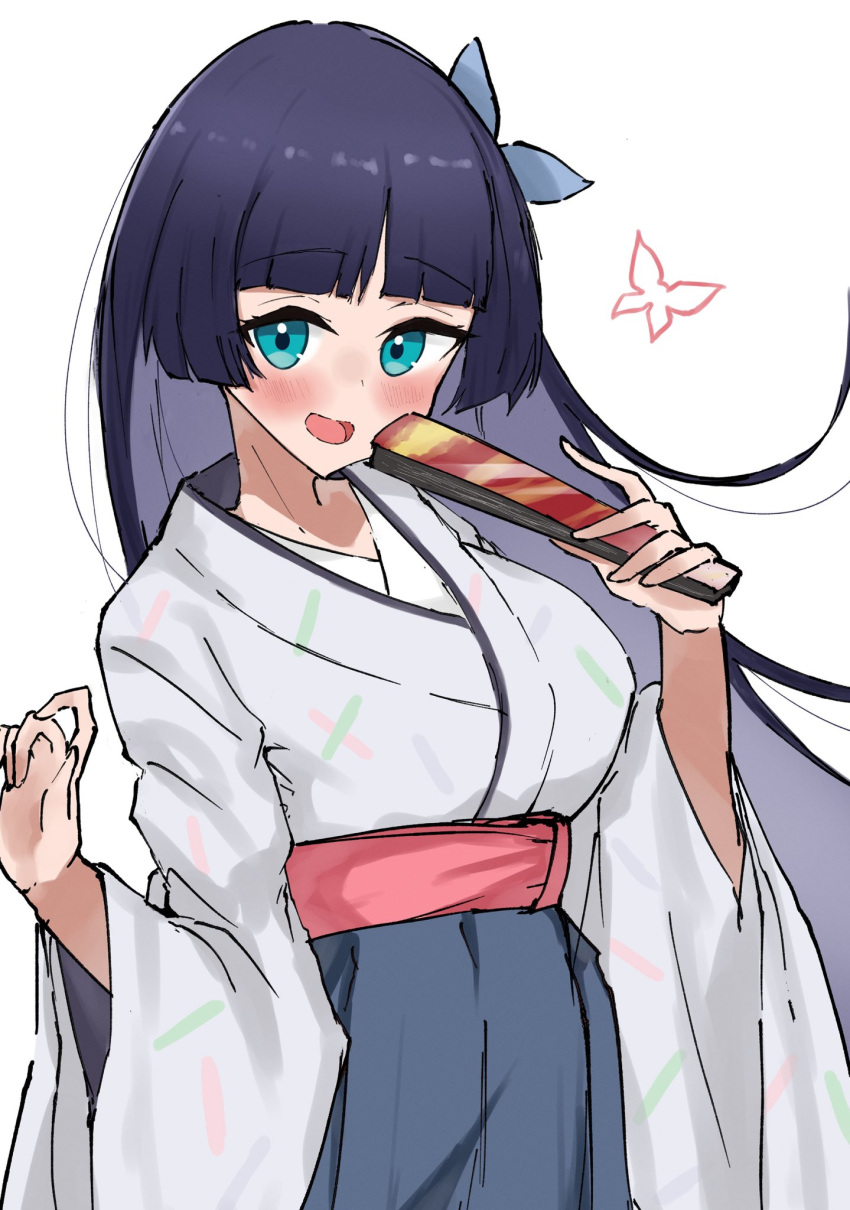 1girl, :d, alternate_breast_size_(larger), black_hair, blue_eyes, blue_hakama, breasts, commentary
