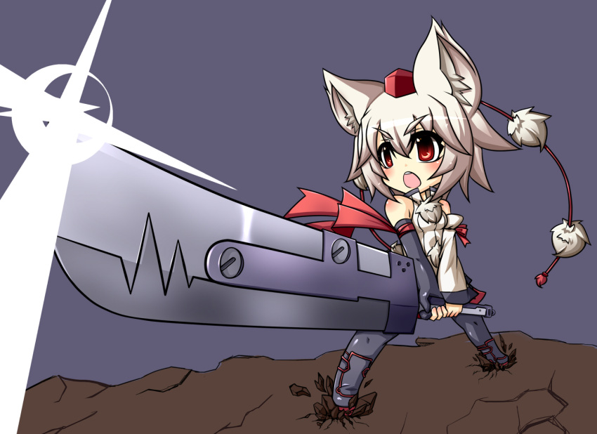 animal_ears, asymmetrical_clothes, asymmetrical_clothing, broken_ground, detached_sleeves, hat, huge_weapon, inubashiri_momiji, kuro-ekaki, red_eyes, sunrise_stance, sword, tail, tokin_hat, touhou, weapon, white_hair, wolf_ears, wolf_tail