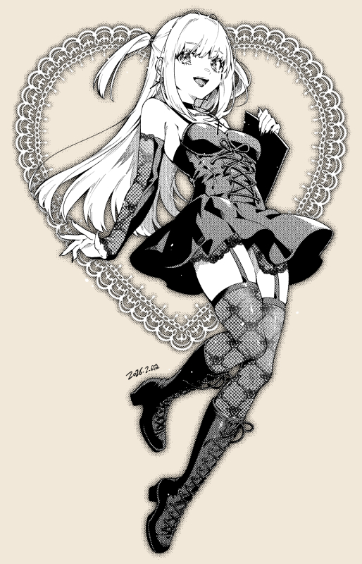 1girl, amane_misa, bare_shoulders, black_boots, black_choker, black_dress, black_nails, boots