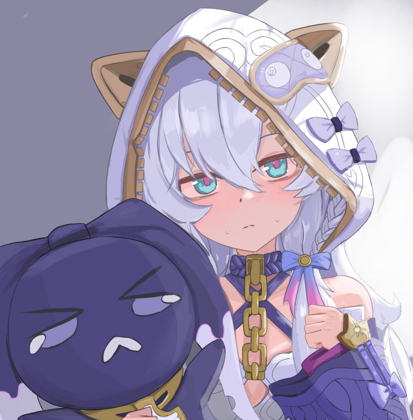 1girl, animal_ears, animal_hood, bags_under_eyes, bare_shoulders, blue_eyes, bow, chain, closed_mouth, commentary_request, fake_animal_ears, grey_hair, hair_between_eyes, highres, honkai_(series), honkai_impact_3rd, hood, hood_up, long_sleeves, looking_at_viewer, masita_(kcsf3528), purple_bow, sleeves_past_wrists, solo, stuffed_animal, stuffed_toy, sweat, theresa_apocalypse, theresa_apocalypse_(schicksal's_imperative), upper_body